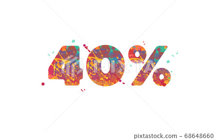 40 percent - typography inscription with multicolored spots of paint in red, yellow, teal colors on white background. 68648660