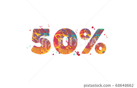 50 percent - typography inscription with multicolored spots of paint in red, yellow, teal colors on white background. 50 percent - typography inscription with multicolored spots of paint in red, yellow, teal colors on white background. 68648662