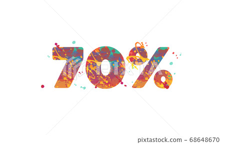 70 percent - typography inscription with multicolored spots of paint in red, yellow, teal colors on white background. 70 percent - typography inscription with multicolored spots of paint in red, yellow, teal colors on white background. 68648670