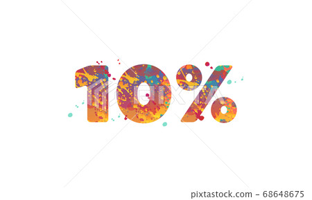 10 percent - typography inscription with multicolored spots of paint in red, yellow, teal colors on white background. 10 percent - typography inscription with multicolored spots of paint in red, yellow, teal colors on white background. 68648675