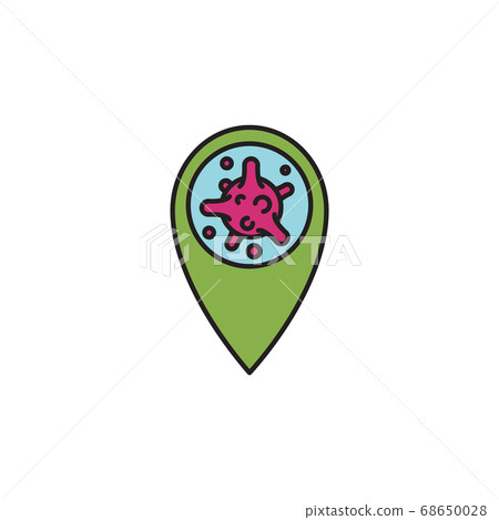 Virus, bacteria and map pointer line, linear icon, symbol, sign. coronavirus, COVID-19 icon, logo color on white background. Virus, bacteria and map pointer line, linear icon, symbol, sign. coronavirus, COVID-19 icon, logo color on white background. 68650028