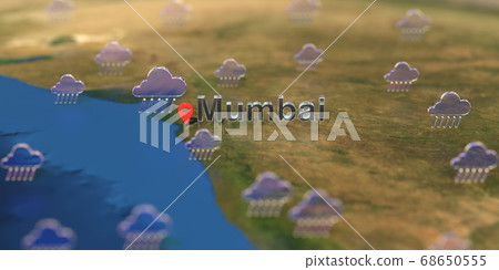 Mumbai city and rainy weather icon on the map, weather forecast related 3D rendering 68650555