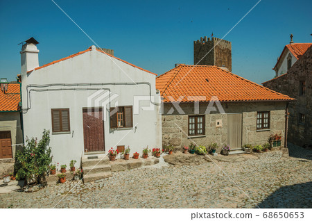 Old houses and flowered pots on cobblestone alley 68650653