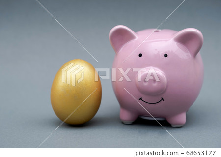 Golden egg and pink piggy bank on gray background, Saving money for future plan and retirement Golden egg and pink piggy bank on gray background, Saving money for future plan and retirement 68653177
