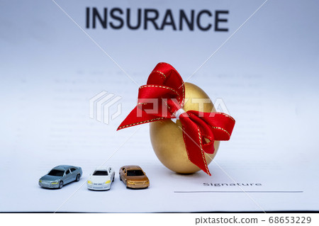 Golden eggs and cars are isolated on insurance contract background Golden eggs and cars are isolated on insurance contract background 68653229
