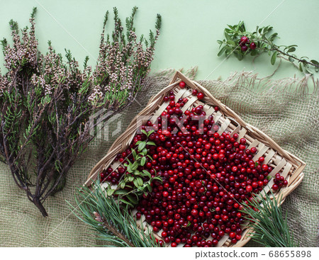 autumn berries on table, lingonberry raw closeup autumn berries on table, lingonberry raw closeup 68655898