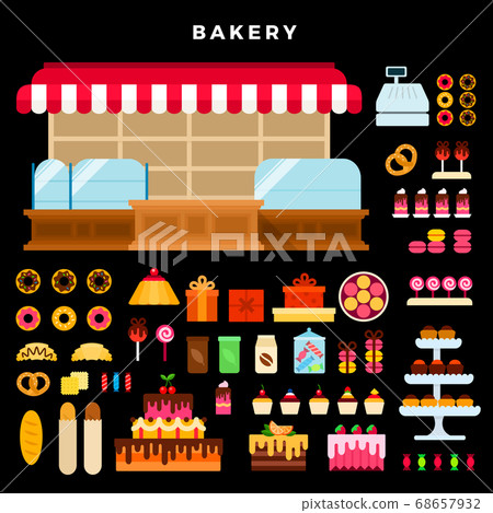 Confectionery counter and bakery products vector flat set with cakes, bread, donuts, cupcakes, croissants, biscuit, pretzel, macaroons, coffee, tea, gift wrapping on dark background Confectionery counter and bakery products vector flat set with cakes, bread, donuts, cupcakes, croissants, biscuit, pretzel, macaroons, coffee, tea, gift wrapping on dark background 68657932