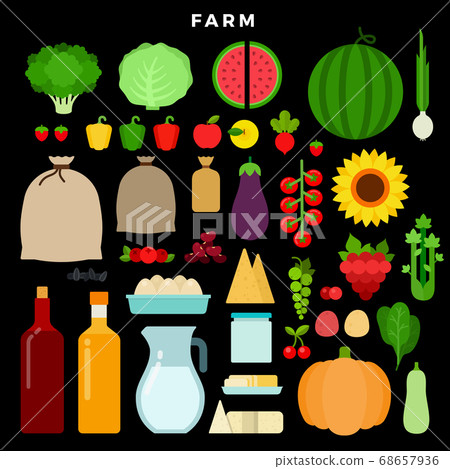 Farm products vector flat set with watermelon, tomato, cabbage, pepper, berries, cheese, eggs, kidney beans, oil, milk, spinach, zucchini, potatoes on dark background 68657936