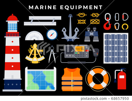 Marine Equipment, anchor, nautical seafaring, sailing equipment. anchor, binoculars, lifebuoy, life jacket, hook, knots, carbines, compass, map. on dark background Marine Equipment, anchor, nautical seafaring, sailing equipment. anchor, binoculars, lifebuoy, life jacket, hook, knots, carbines, compass, map. on dark background 68657950