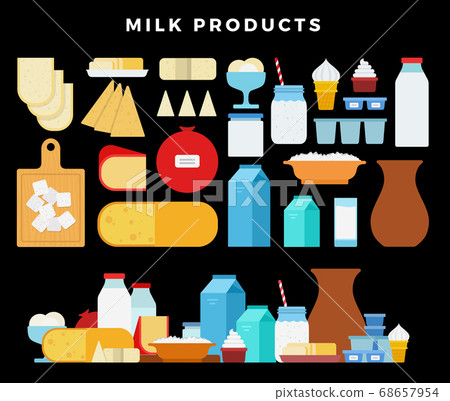 Milk products icon set. Milk and cheese showcase, store shelf. Farm foods on dark background 68657954