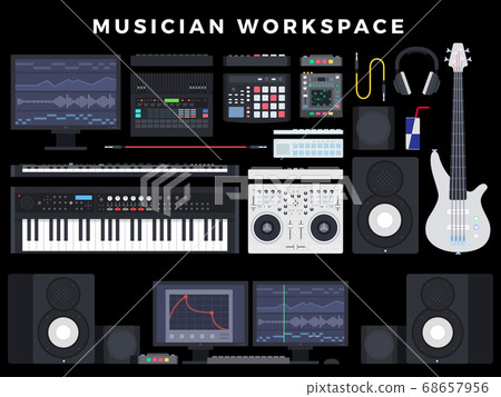 Home Audio Studio Computer Music Sound Station Music recording, post production, film score composer on dark background 68657956