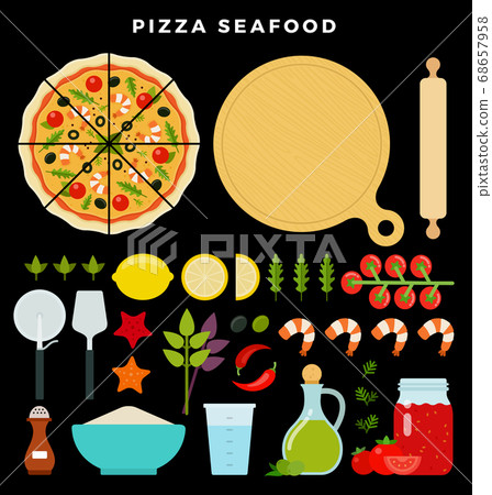 Pizza with seafood and all ingredients for cooking it. Make your pizza. Set of products and tools for pizza making. Vector illustration on dark background Pizza with seafood and all ingredients for cooking it. Make your pizza. Set of products and tools for pizza making. Vector illustration on dark background 68657958