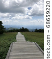 A view of the sky, nature and wooden paths overlooking the city from the hill of Kirifuri Kogen, Nikko 68659220