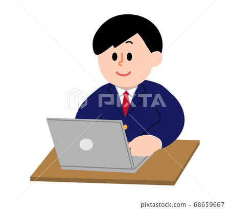 西裝外套男孩在計算機上工作（簡單的顏色） 68659667