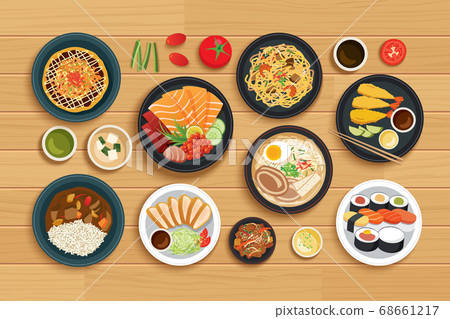 japanese food on top view wooden background. 68661217