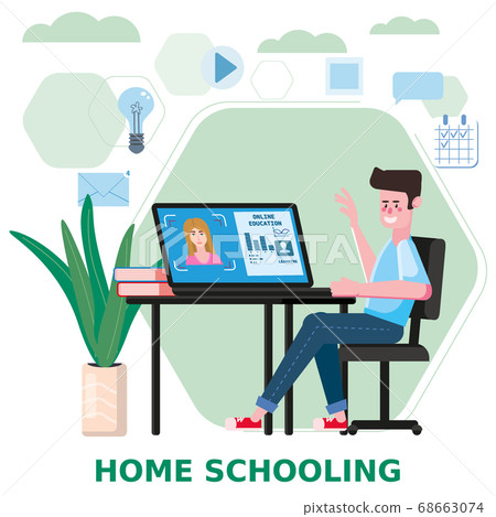 Online school boy studying with computer and... - Stock Illustration ...