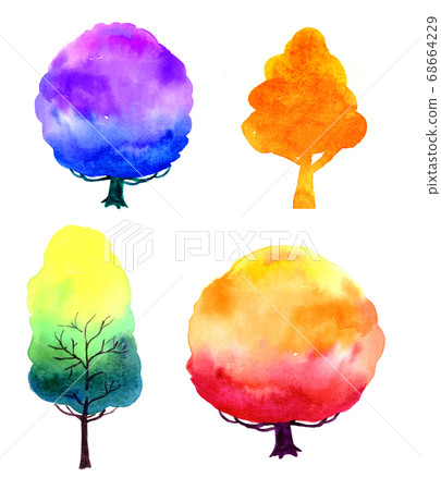 Watercolor illustration of colorful trees silhouettes. Background for for design cards. Watercolor illustration of colorful trees silhouettes. Background for for design cards. 68664229
