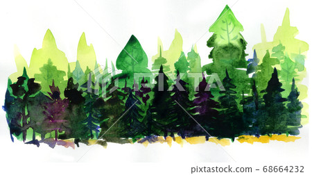 Watercolor illustration of a forest silhouette. Background for for design cards. Watercolor illustration of a forest silhouette. Background for for design cards. 68664232