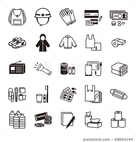 Emergency take-out disaster prevention essentials simple icon set / black and white 68664244