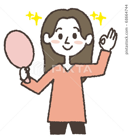 一個年輕的女人,拿著鏡子和給一個好的標記的插圖 一個年輕的女人,拿著鏡子和給一個好的標記的插圖 68664744