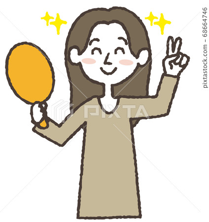 拿著鏡子和做和平標誌的一名少婦的例證 拿著鏡子和做和平標誌的一名少婦的例證 68664746