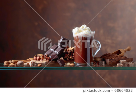 Cocoa with cream, chocolate pieces and various Cocoa with cream, chocolate pieces and various 68664822