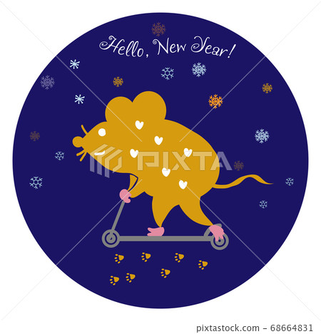 2020 Chinese New Year of the Rat. Mouse on a scooter. For design and greeting cards. 2020 Chinese New Year of the Rat. Mouse on a scooter. For design and greeting cards. 68664831