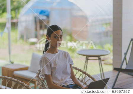 Telework on wood deck Telework on wood deck 68667257