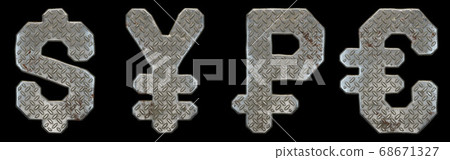 Set of symbols dollar, yen, rouble and euro made of industrial metal on black background 3d 68671327
