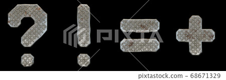 Set of symbols question mark, exclamation, equals mark, plus made of industrial metal on black background 3d 68671329
