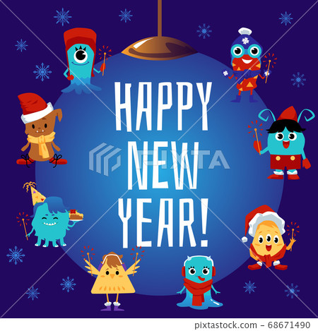 Happy new year card with cartoon mnster children in party costumes Happy new year card with cartoon mnster children in party costumes 68671490