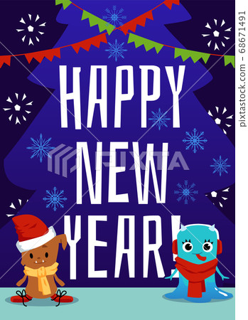 Happy New Year greeting card with cartoon monsters flat vector illustration. Happy New Year greeting card with cartoon monsters flat vector illustration. 68671491