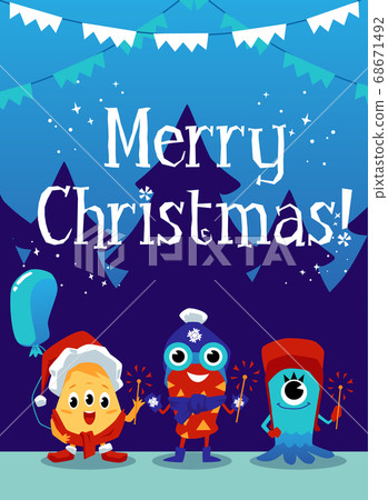 Merry Christmas inscription and monsters or aliens, flat vector illustration. Merry Christmas inscription and monsters or aliens, flat vector illustration. 68671492