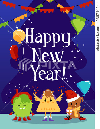 Happy New Year poster with cartoon monsters with festive decorations Happy New Year poster with cartoon monsters with festive decorations 68671494