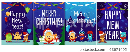 Happy New Year poster with cartoon monsters with festive decorations Happy New Year poster with cartoon monsters with festive decorations 68671495