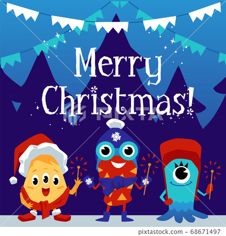 Christmas card, banner with monsters at winter backdrop flat vector illustration. Christmas card, banner with monsters at winter backdrop flat vector illustration. 68671497