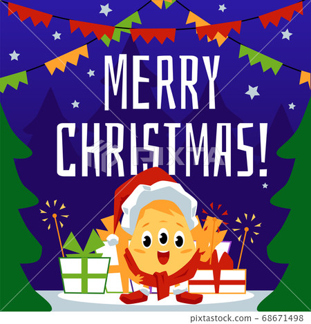 Christmas greeting card with cute monster character flat vector illustration. 68671498