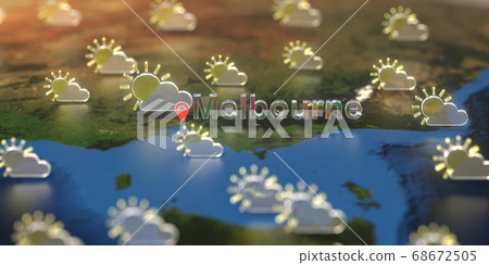 Partly cloudy weather icons near Melbourne city on the map, weather forecast related 3D rendering 68672505