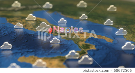 Cloudy weather icons near Naples city on the map, weather forecast related 3D rendering 68672506