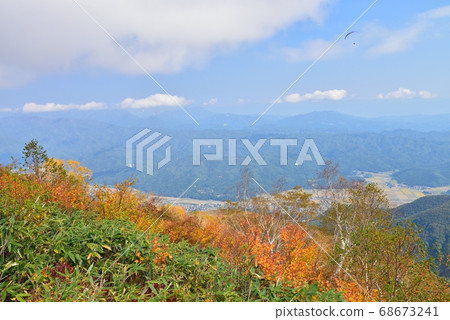 Goryudake mountain trail: Autumn leaves (yellow leaves) of Tomi ridge and paragliders floating in the sky Goryudake mountain trail: Autumn leaves (yellow leaves) of Tomi ridge and paragliders floating in the sky 68673241