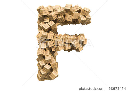 Letter F from wooden boxes. 3D rendering Letter F from wooden boxes. 3D rendering 68673454