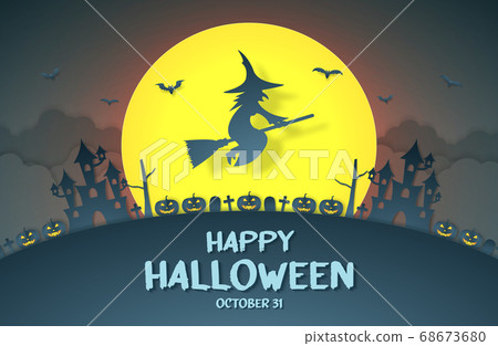 Happy Halloween, Witch flying above pumpkin head, castle, graveyard on hill with big moon and cloud in paper art style 68673680