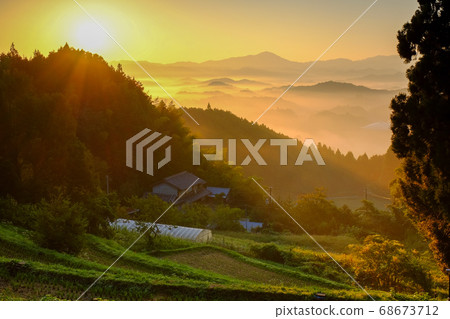 高見山和梯田的黎明（奈良縣宇田市） 68673712