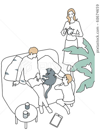 一個三口之家和一隻貓在客廳放鬆 68674659