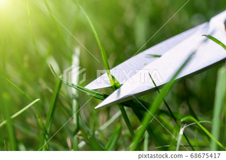 Close-up detail view of man hand cutting green grass on backyard garden with small nail scissors on bright summer sunny day. Accurate perfect lawn mowing care maintenance and service concept 68675417
