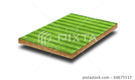 Side view of Green soccer field on brown ground isolated on white background. 68675517