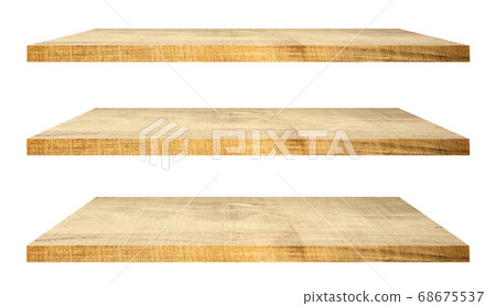 Empty wooden shelf isolated on white background. 68675537