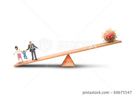 Miniature people as family outweigh more than virus cell on wooden scales with white background. Miniature people as family outweigh more than virus cell on wooden scales with white background. 68675547