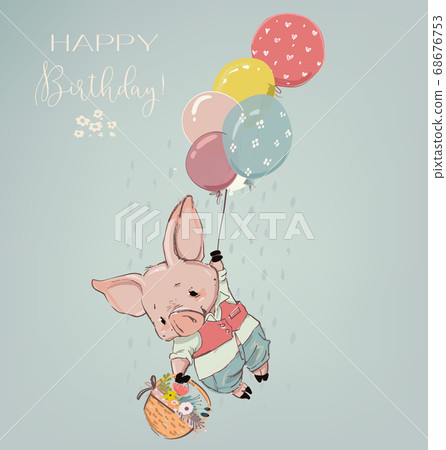 cute pig boy fly with balloons and flowers cute pig boy fly with balloons and flowers 68676753