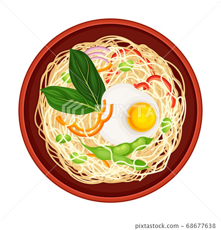 Cooked Noodle Served in Bowl and Garnished with Herbs Above View Vector Illustration 68677638